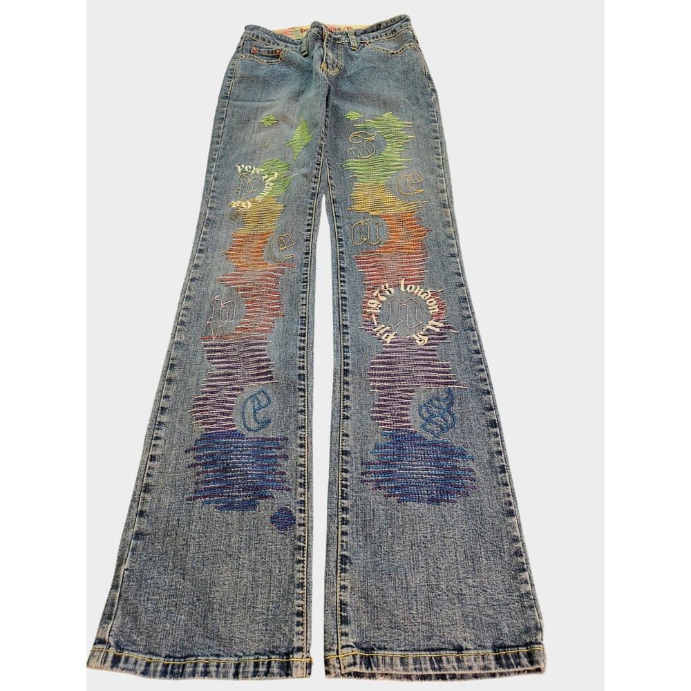 Pepe Jeans London Flare Jeans Womens 26 Blue Rainbow Embroidered Y2K 73 Graphic